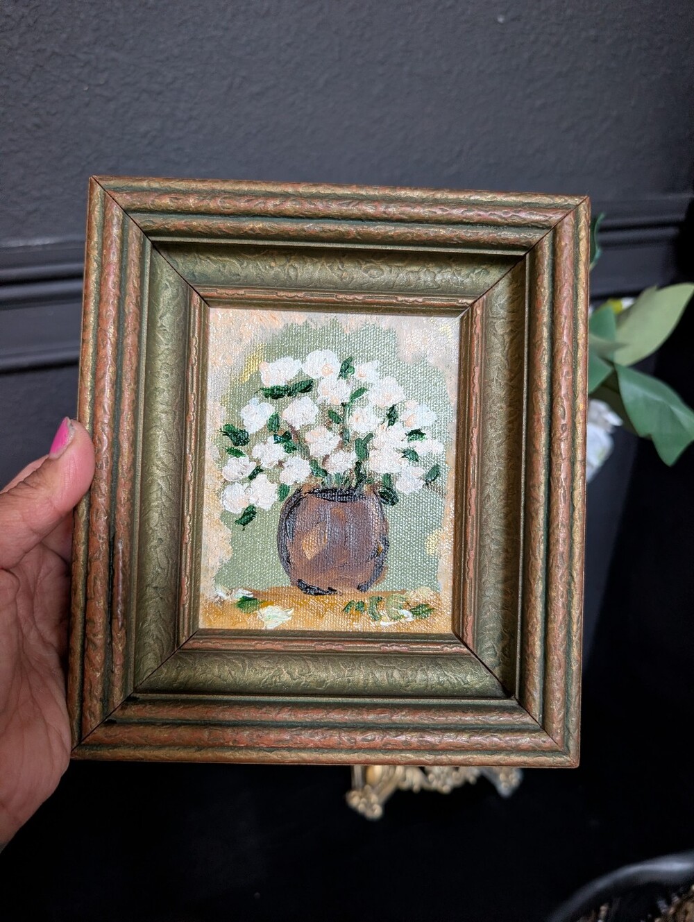 Original Hand-Painted Floral Oil Painting in Vintage Ornate Wood Frame 8"